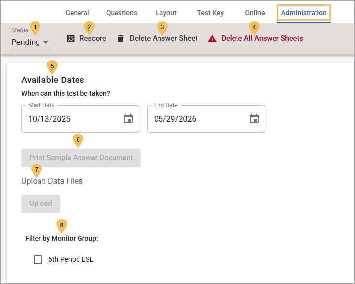 Administration tab for a team test, showing available test dates, upload options, and monitor group filter.